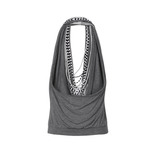 FRINGE NECKLACE HALTER TOP